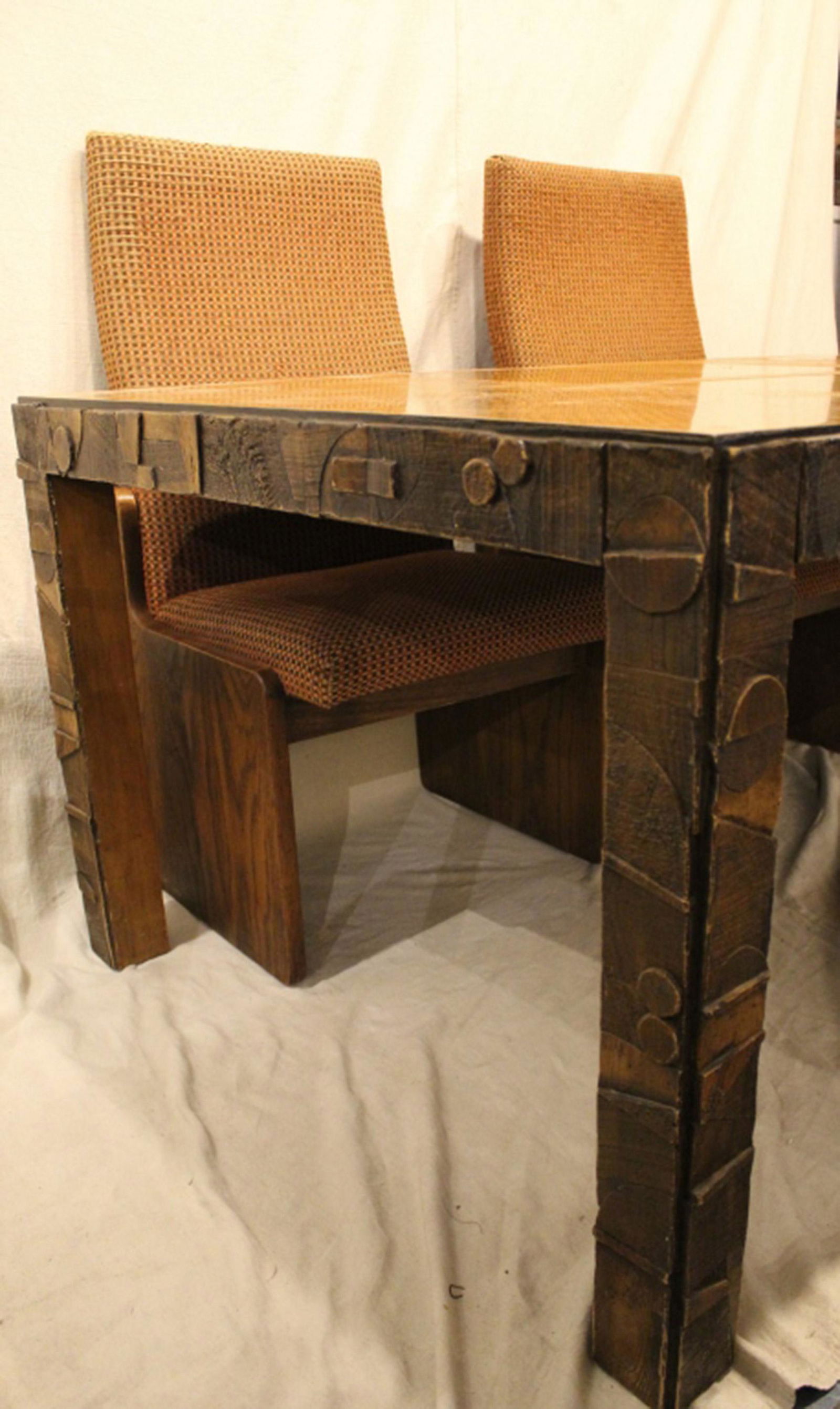 Vintage Brutalist Dining Room Set by Lane: Lane brutalist dining table with two leaves and six chairs. 64" x 40" with two 18" leaves. The chairs are 23 x 23 x 42h. Table in excellent condition. Chairs' upholstery beginning to fray