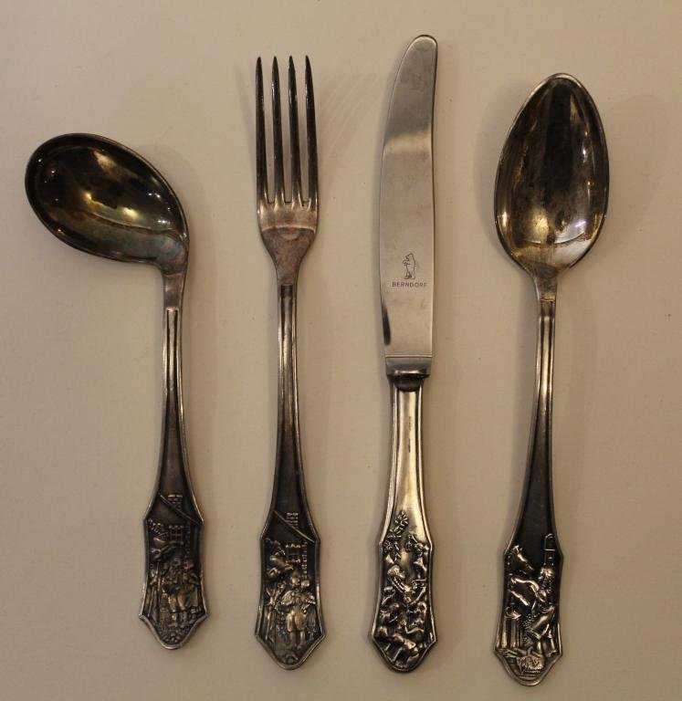 Berndorf Grimm: Vintage silver plate; all marked Berndorf 90/ 23. Includes Hansel and Gretel baby feeder spoon, Hansel and Gretel fork, Little Red Riding Hood spoon, and Snow White knife. All excellent condition. Kni