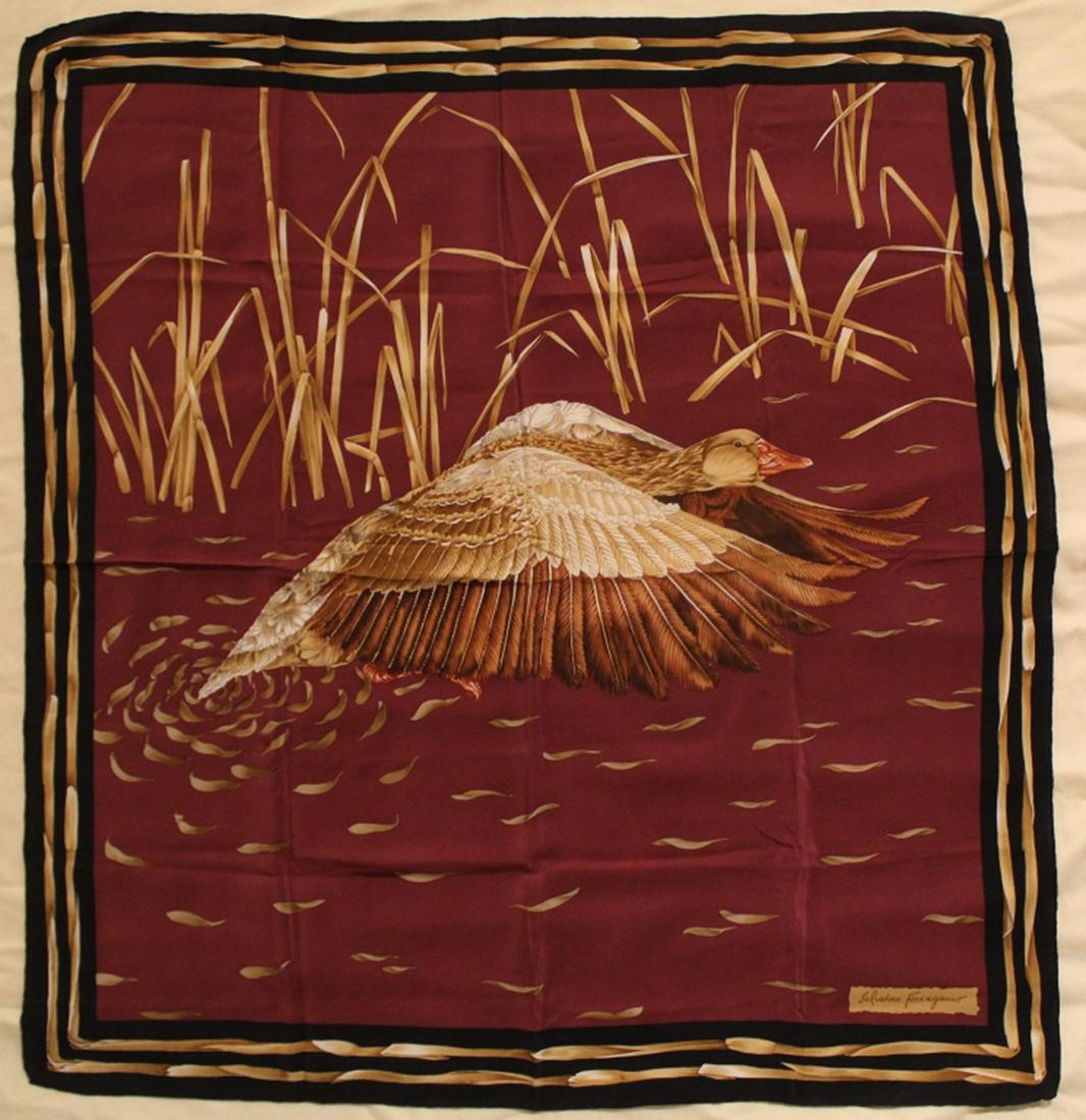 Salvatore Ferragamo Duck / Goose Silk Scarf: Vintage Savatore Ferragamo goose / duck design silk scarf. Hand rolled and stitched edges. Very good condition with bright colors. No apparent snags, pulls, damage, etc. 34" x 33" approx