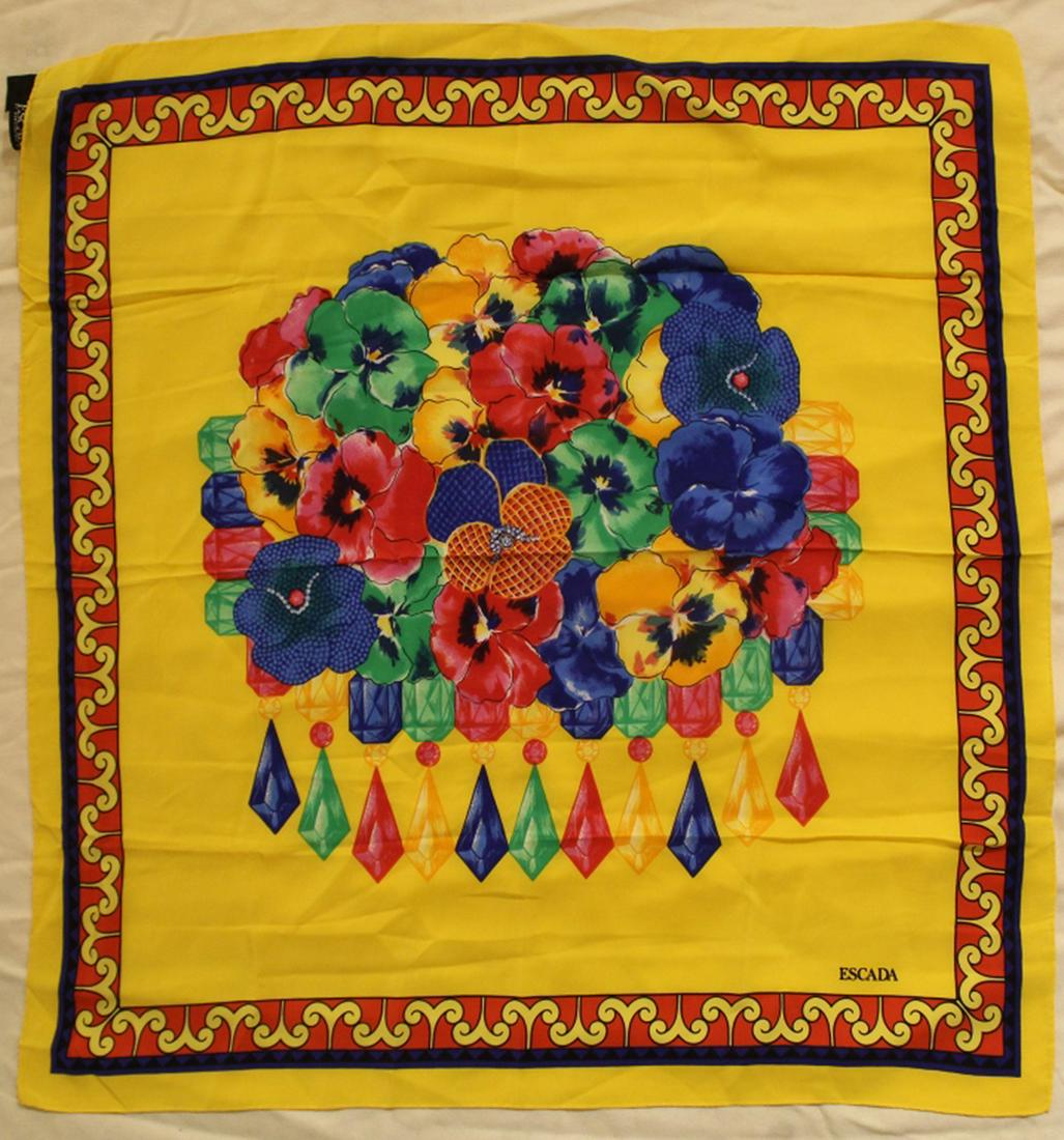 Escada Floral Bouquet Silk Scarf: Vintage Escada silk scarf with jeweled flower and hanging crystal design. Hand rolled and stitched edges. Original Made in Italy labels. Very good condition with bright colors. No apparent snags, pull