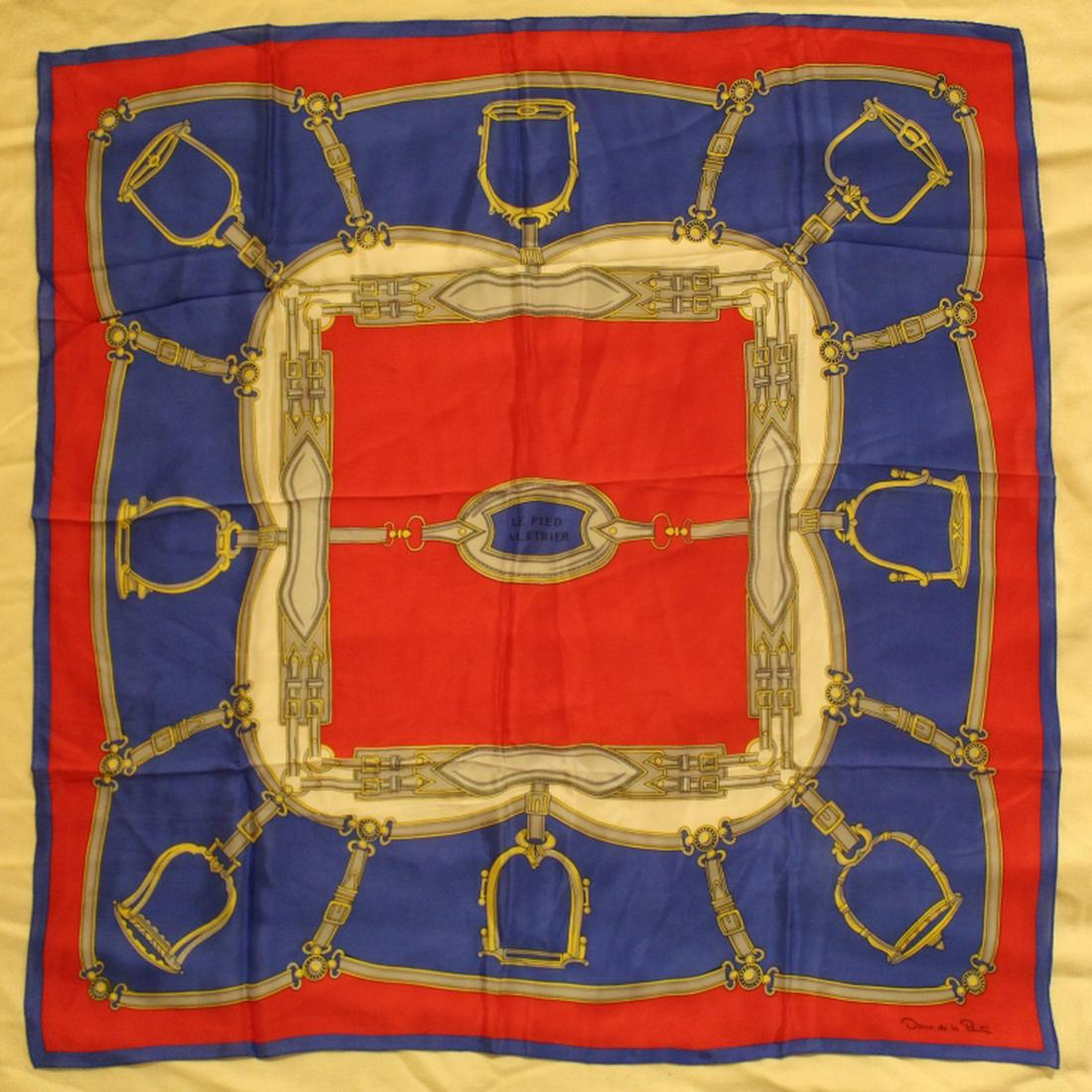 Oscar de la Renta Equestrian Silk Scarf: Vintage Oscar de la Renta "LE PIED A L'ETRIER" equestrian theme silk scarf. Hand rolled and stitched edges. Very good condition with no apparent snags, pulls, damage, etc. 30.5" x 30" approx.