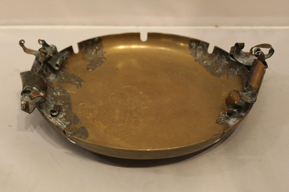 Mid Century Brutalist Bronze Ashtray: Large bronze ashtray with hand applied and patinated brutalist bronze pieces. Stamped 86 KOREA to bottom. 9.5" x 11.5" approx.