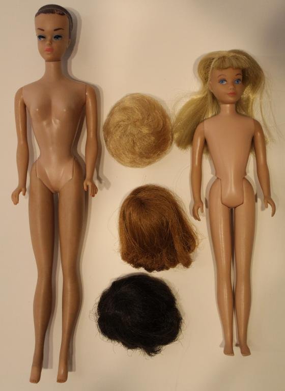 Barbie Fashion Queen and Skipper Dolls: Barbie Fashion Queen and Skipper dolls. Fashion Queen doll with original wigs, 1958 date in Roman numerals, & number "10"; Skipper dated 1963 with number "2". Both dolls in good vintage condition with