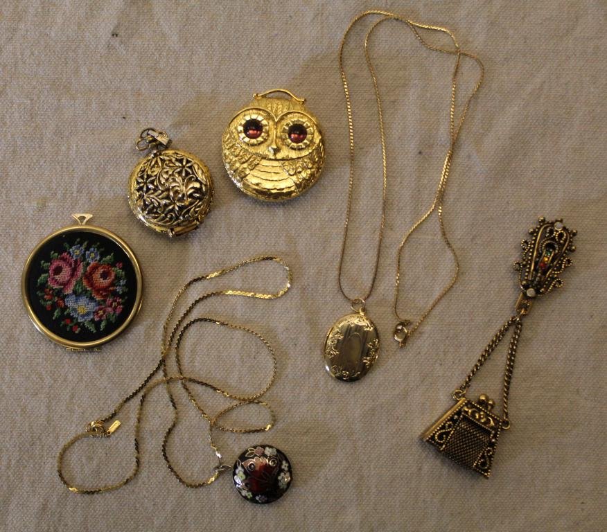 Vintage Costume Jewelry Pendants Lockets Etc.: Includes: purse form clip, locket on chain, cloisonne pendant on chain, "needlepoint" locket, and owl and watch form perfume lockets. All good condition.