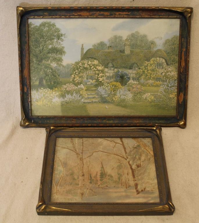 Antique Arts & Crafts Pie Crust / Batwing Frames: Group of 2 frames. (1) 9" x 11" frame with original finish. Excellent condition. (2) 11.75" x 16.75" frame with original finish; some flaking to blue painted areas. Early 20th C. Both with old prints.