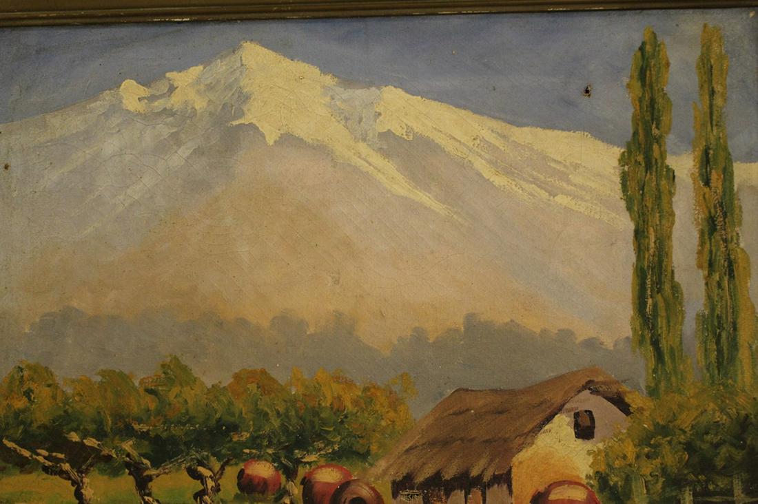 Italian Landscape Oil on Canvas Terracotta Wine: Signed oil on canvas of a European cottage surrounded by terracotta wine amphora. Signed Grondahl. Framed. Small hole in canvas. Frame 25.5 x 21"