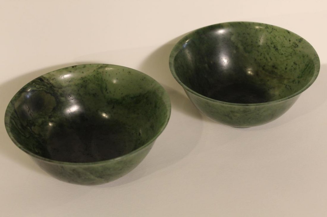 Pair Vintage Chinese Spinach Jade Bowls (1 of 12)