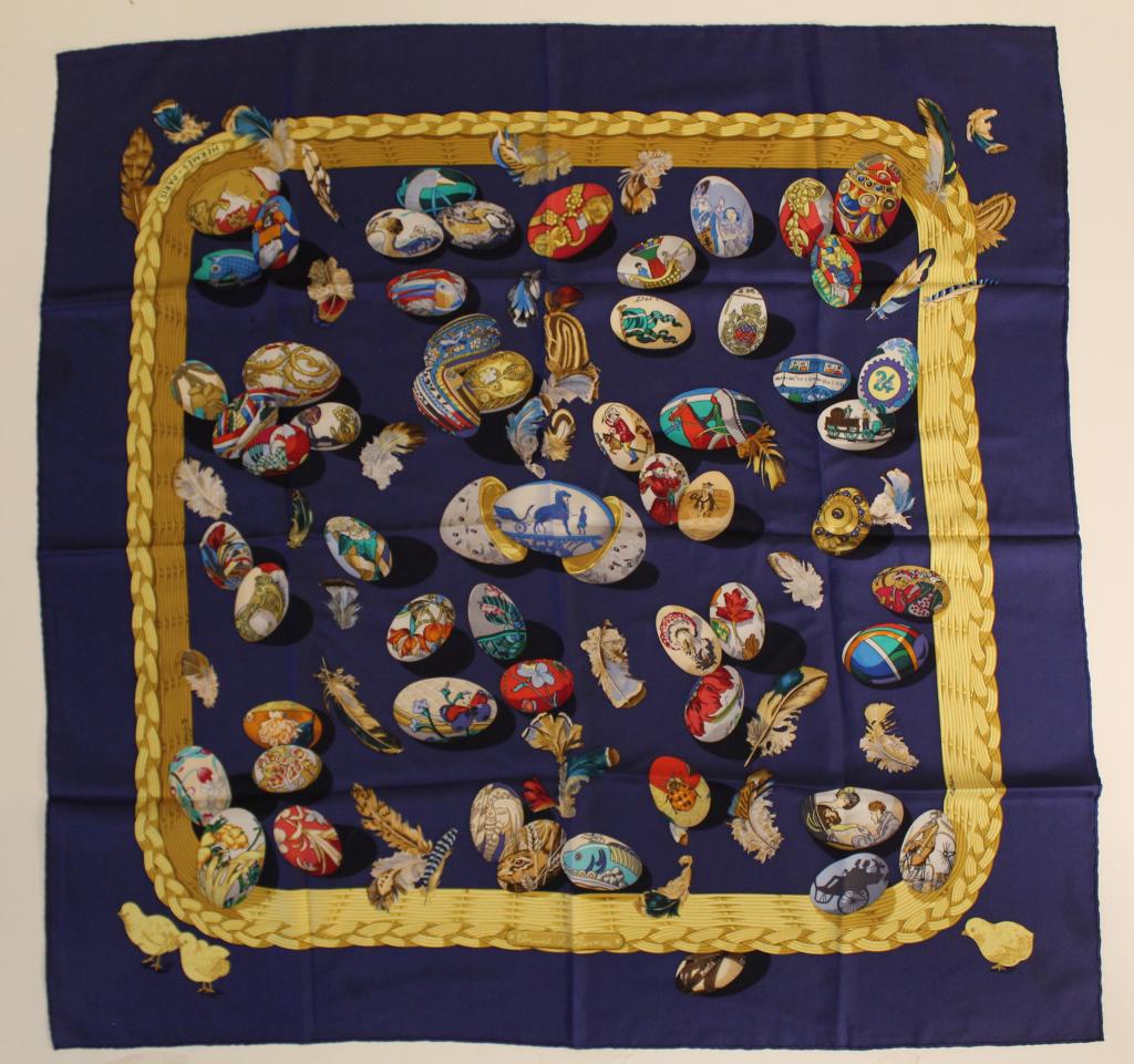 Hermes Blue Couvee d: Hermes Les Tambours silk scarf designed 1994 by Caty Latham Hand rolled and stitched edges. Good condition with light signs of use. A few small dark spots, pin hole upper right corner. No apparent dam
