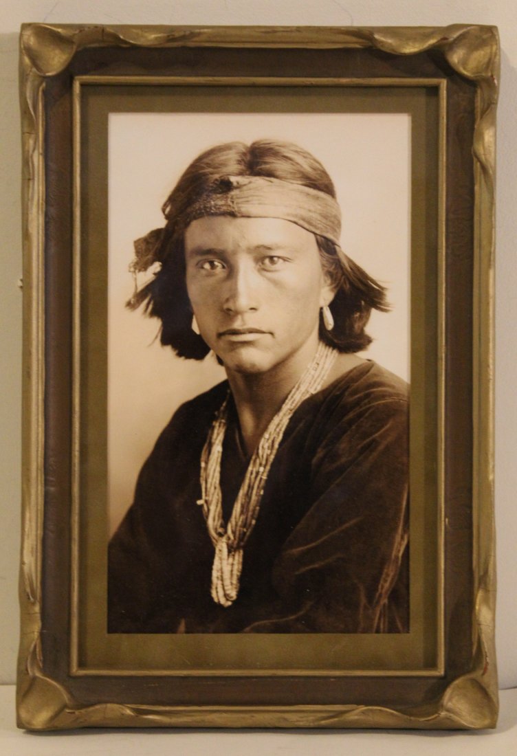 Antique Arts & Crafts Pie Crust / Bat Wing Frame: Frame in excellent condition with original surface; minor signs of aging, wear, etc. Later professionally framed reproduction photograph / print of "Navajo Boy" 1905 by Carl Moon.12.75" x 8.5".