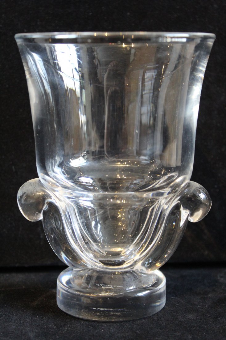 Steuben Glass Vase by George Thompson: Scroll handles with round pedestal base. Designed 1949; pattern number 7964. Etched Stueben to base. Excellent condition. 5 7/8" H x 4 1/8" lip dia.