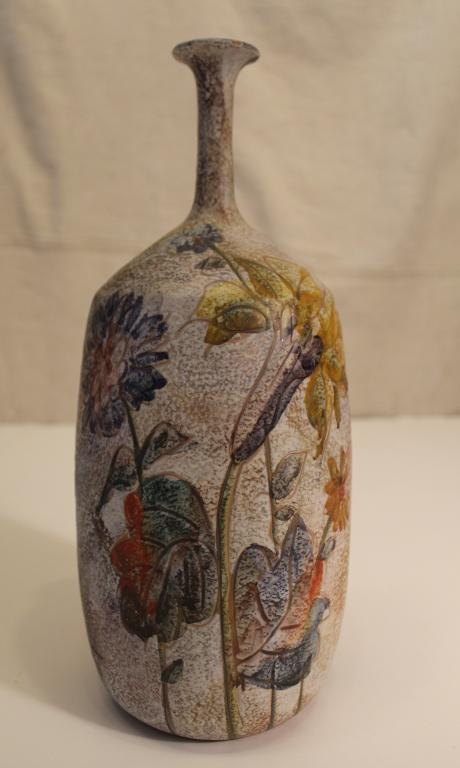 Tall Modigliani Lazzoro Italy Pottery Vase: Incised floral design with artist's signature Lazzoro and 2000 date. Modigliani Via Comdotti Roma Hand Made in Italy to bottom. Excellent condition. 12.75" H approx.