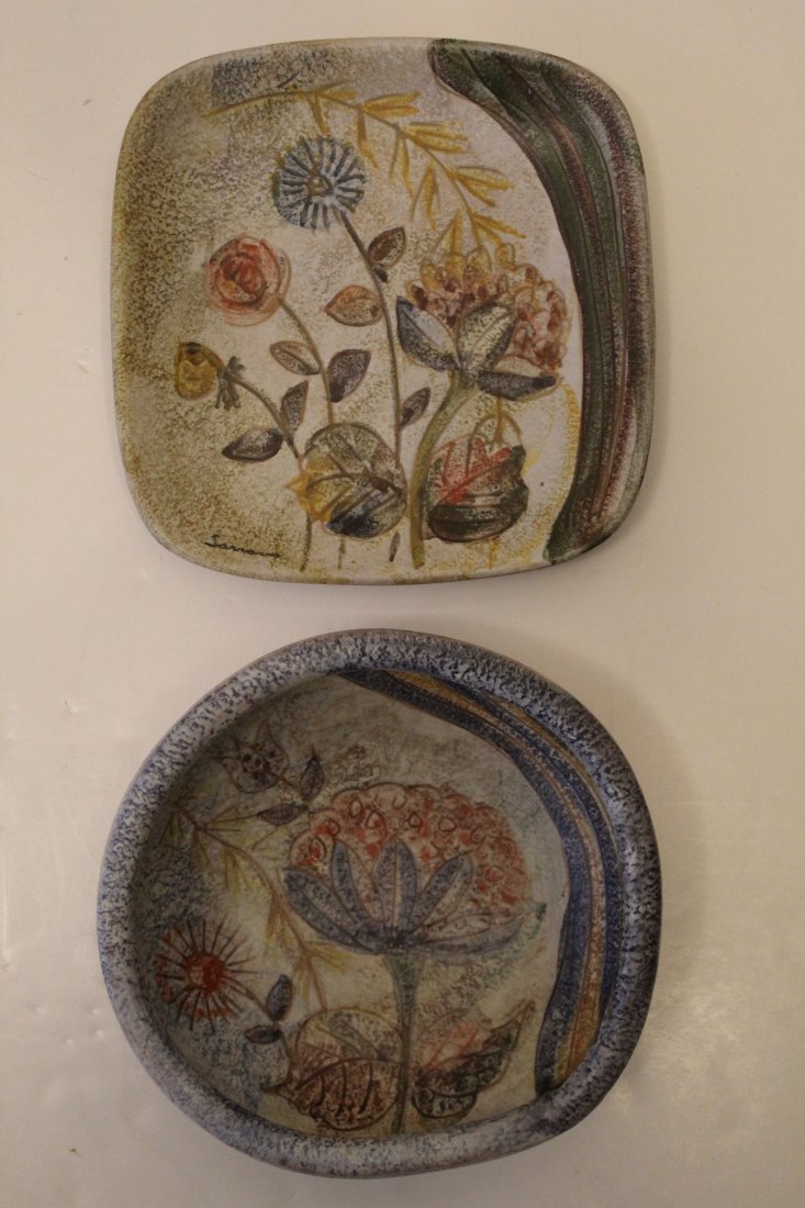 Modigliani Lazzoro Italy Pottery Bowl and Plate: (1) Bowl with incised floral design and artist's signature Lazzoro. Original gold foil label and signed Pezzo Unico to bottom. 2.75" x 8.5" dia. approx. (2) Square plate signed Lazzoro. Marked Modigli