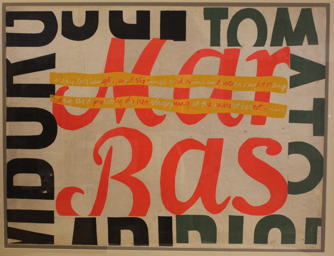 Sister Mary Corita Kent (1918-1986) Serigraph: "Mary Does Laugh", 1964. Serigraph on rag paper. Light pencil title lower left; light pencil signature lower right. Paper 29 3/4" x 39" approx.; Frame 36 1/8" x 45 1/4".