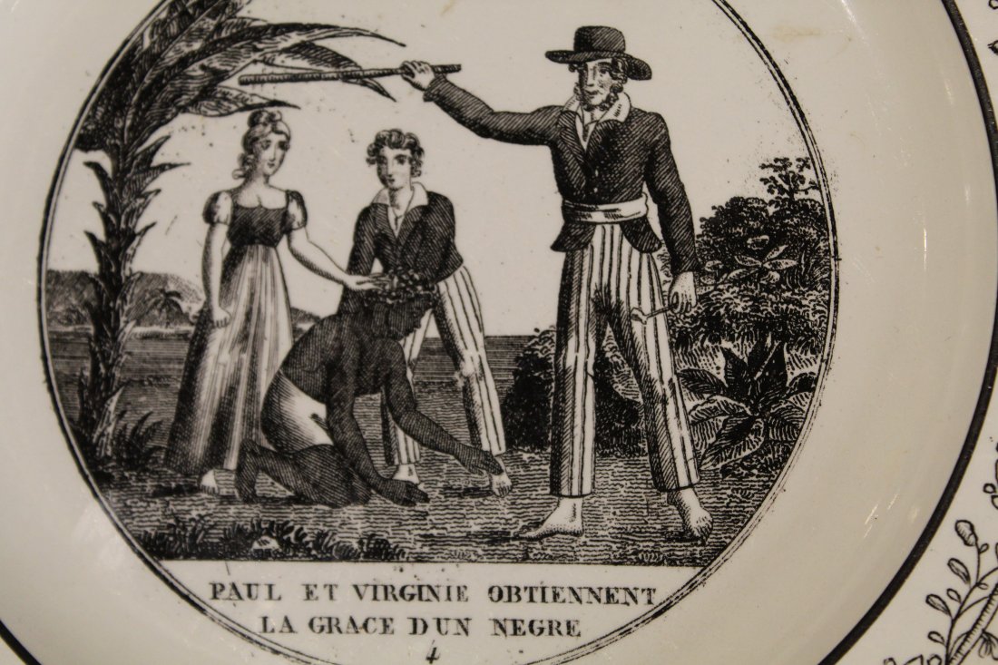 Paillart & Hautin Choisy-le-Roi Creamware Plates: Group of 5 black transferware creamware plates depicting scenes from Jacques-Henri Bernardin's 1788 novel "Paul et Virginie", a love story dealing with social class divisions and anti-slavery sentimen