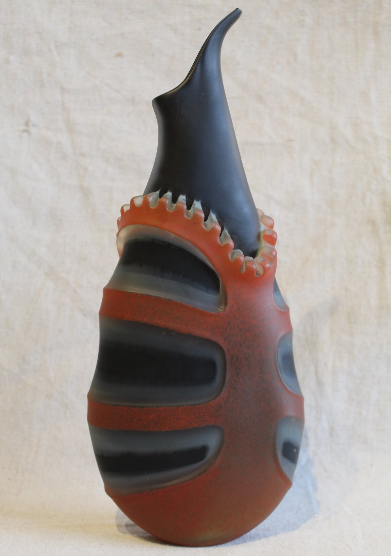 John Miller (b. 1966) "Rib Cage" Art Glass Vase: Black glass vase with applied abstract glass "rib cage" with satin finish. Signed and dated 2011 to bottom. Miller began working with glass in 1987. From 1993 to the present he has been a staff member