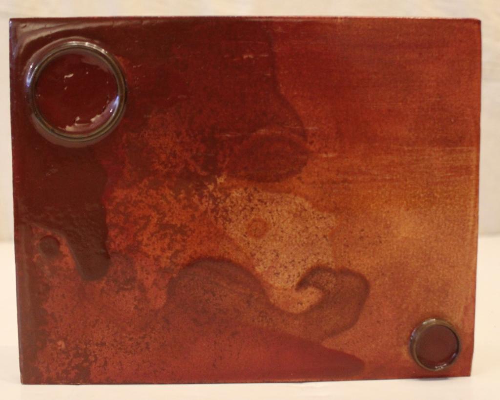 Suzanne Moulton Mixed Media Art Panel: Layered and dripped paint with found brass industrial rings on wood panel. Signed and dated 2004 to reverse. Moulton is also a stop motion puppet fabrication artist, and has worked at Mackinnon & Saun