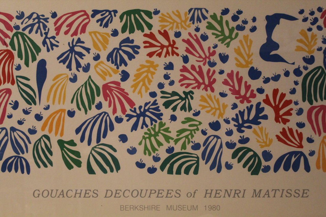 1980 Matisse Silkscreen Poster Berkshire Museum: 'The Parakeet and the Mermaid'. Gouaches Decoupees of Henri Matisse / Berkshire Museum 1980. "Silk Screened By Editions For Kane Graphics Boston Mass. 01214" lower right. 23" x 39" silver metal frame.