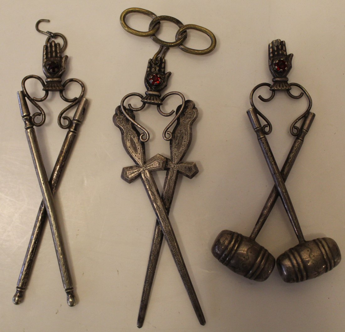 Antique Odd Fellows Heart and Hand Regalia Pins: Group of three Odd Fellows silver plated regalia with red rhinestone Heart-in-Hand emblem. In good vintage condition with some wear to plating. Dimension crossed gavel regalia 2 1/2"W x 5"H.
