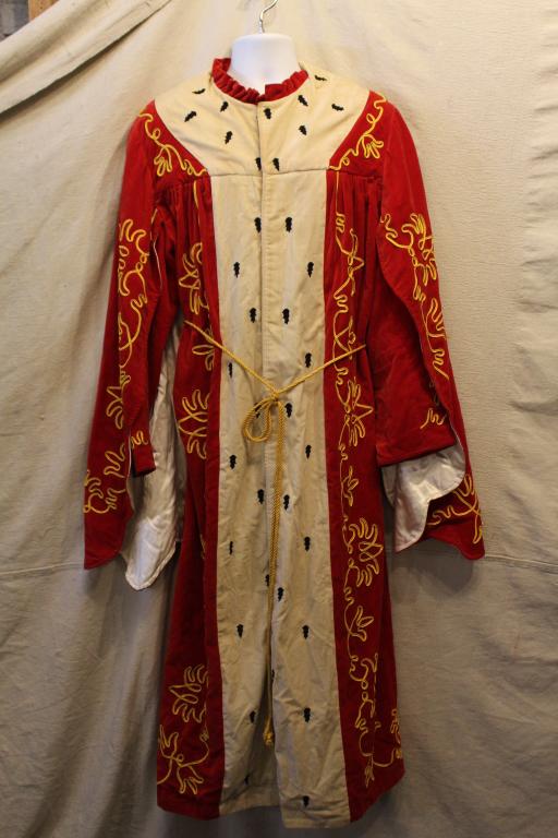 Antique Odd Fellows King Robe: Red silk velvet with faux ermine trim, applied yellow decorative trim, cord sash, and outer sleeves. The C. E. Edward Co., New London, Ohio label. Large size. Excellent condition with minor signs of a
