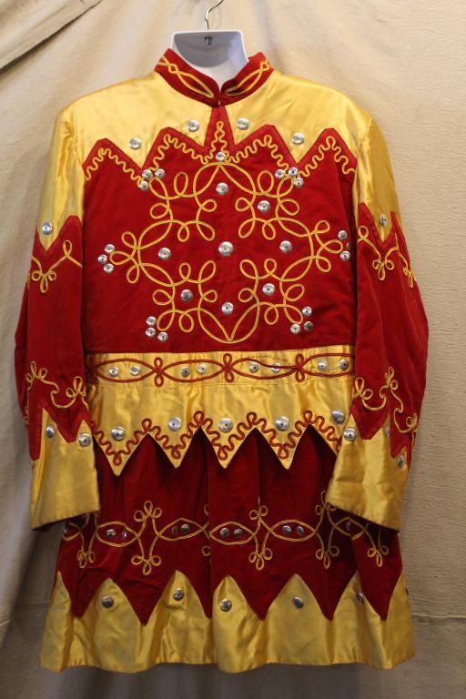 Antique Odd Fellows Jonathan Costume: Red silk velvet with applied yellow decorative trim, yellow satin panels, metal disks, and snap closure back. The C. E. Edward Co., New London, Ohio label. Large/ medium size. Excellent condition with