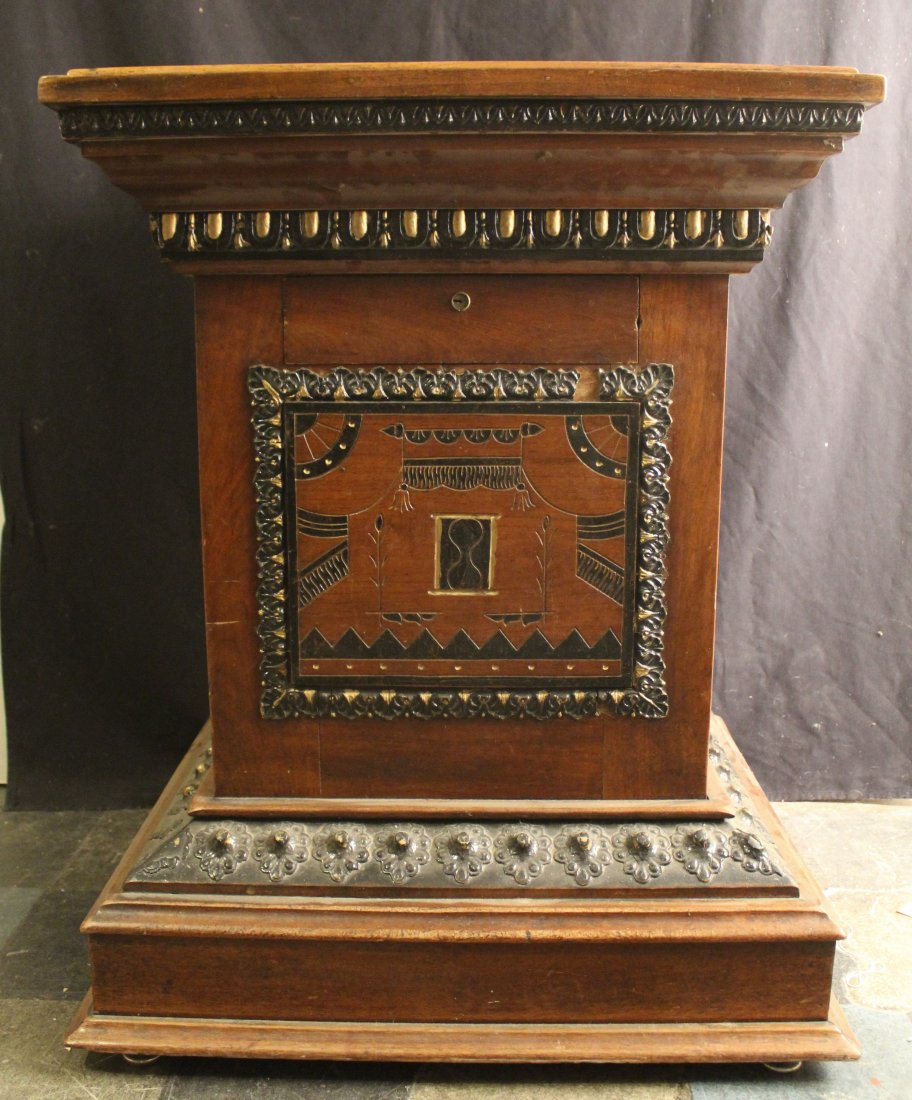 Odd Fellows Aesthetic Movement Altar Table: 19th Century Odd Fellows Aesthetics Movement wood station altar with drawer, decorative panels with hourglass motif, and ornamental cornices. In good vintage condition with cracks to several of the de