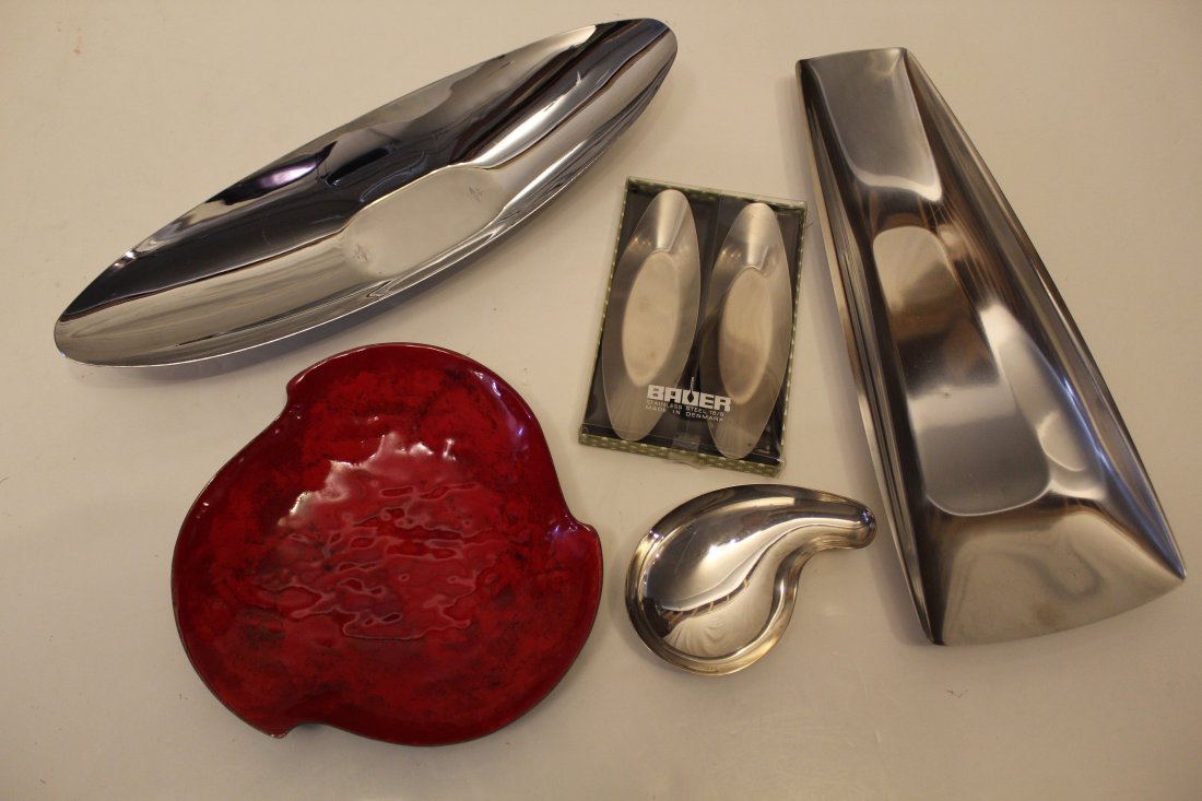Mid Century Bovano Enamel & Mod Metal Dishes: (1) Bovano red enamel dish with original label to underside. 7 1/2" dia. approx. (2) Silver plate bowl marked Made in Denmark. (3) Bauer Denmark small stainless bowls in box. (4) Genese Sweden stainle