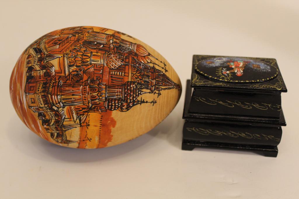 Russian Painted Wood Egg, Box, Villeroy Plate: (1) Hand painted Saint Basil's Cathedral wood egg, 5.25". (2) Double trinket box with fairy tale lid. (3) Villeroy & Boch Heinrich porcelain "Vassilissa the Fair" plate, 8.5" dia. All excellent condit
