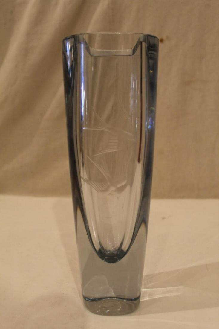 Nils Landberg Orrefors Tall Etched Vase: Very pale blue tinted glass with two bird etched design. Etched signature to bottom. Good condition with a few light surface scuffs/ scratches. 11" H.