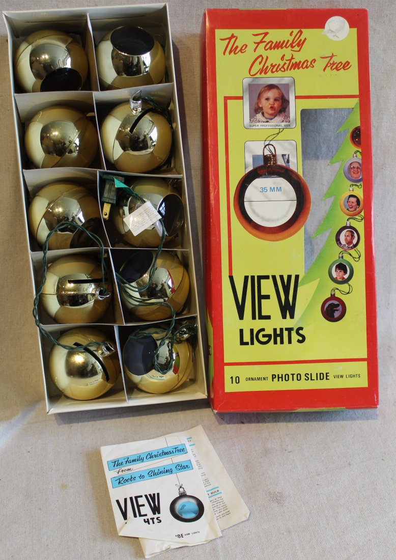 Cargile "View Lights" 35mm Slide Ornament Balls: String of 10 lighted christmas shiny gold plastic balls; insert 35mm photo slides behind magnifying lenses. Very good condition. Includes original box and pamphlet.