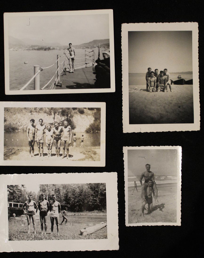 Vintage Photographs Semi Nude Men / Bathing Suits: Group of 5 1930's/ 40's photographs of men in bathing suits posed at beaches, lakes, and on board a ship. All very good condition; one with album paper residue to back. Smallest 3 1/2" x 2 1/2"; large