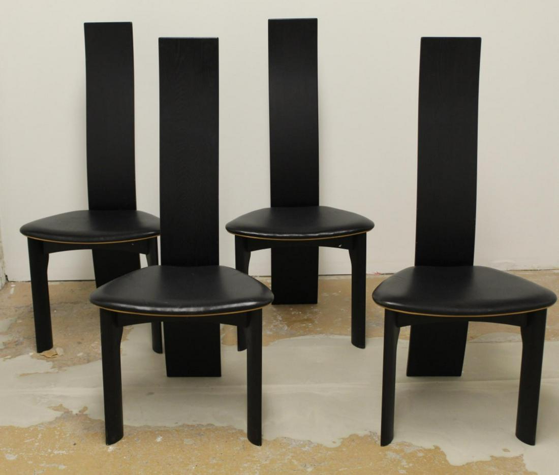 Bob & Dries Van Den Berghe Denmark Dining Chairs: Set of four Iris chairs designed 1970 for Tranekær Mobler Denmark. Solid ash constructon with ebonized finish. Original leather seats with labels to the underside. Excellent condition with light sign