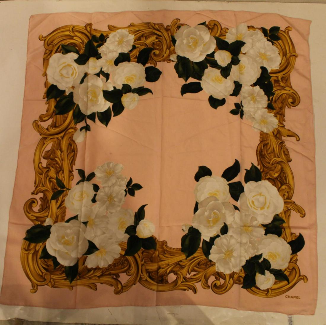 Chanel White Camellia Flower Print Silk Scarf (1 of 1)