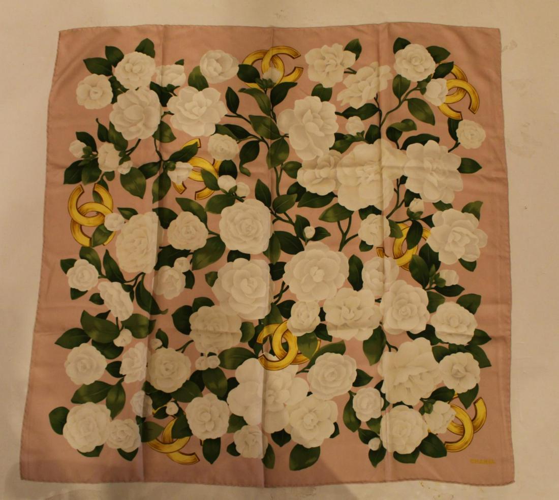 Chanel White Flower & Logo Print Silk Scarf (1 of 1)