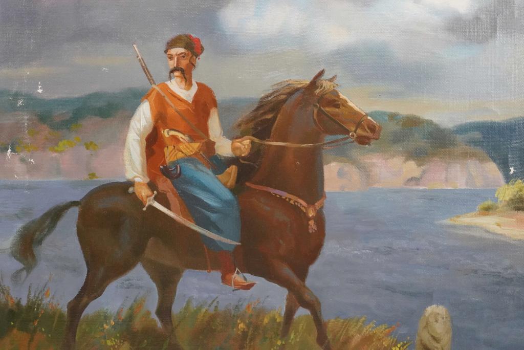 Folk Art / Naive Oil Painting Man on Horseback: Oil on canvas. Eastern European style warrior on horseback with rifle, pistol, and sword. Indistict writing to reverse of canvas. Small spots of paint flake losses. 19 7/8" x 22 1/4" unframed.