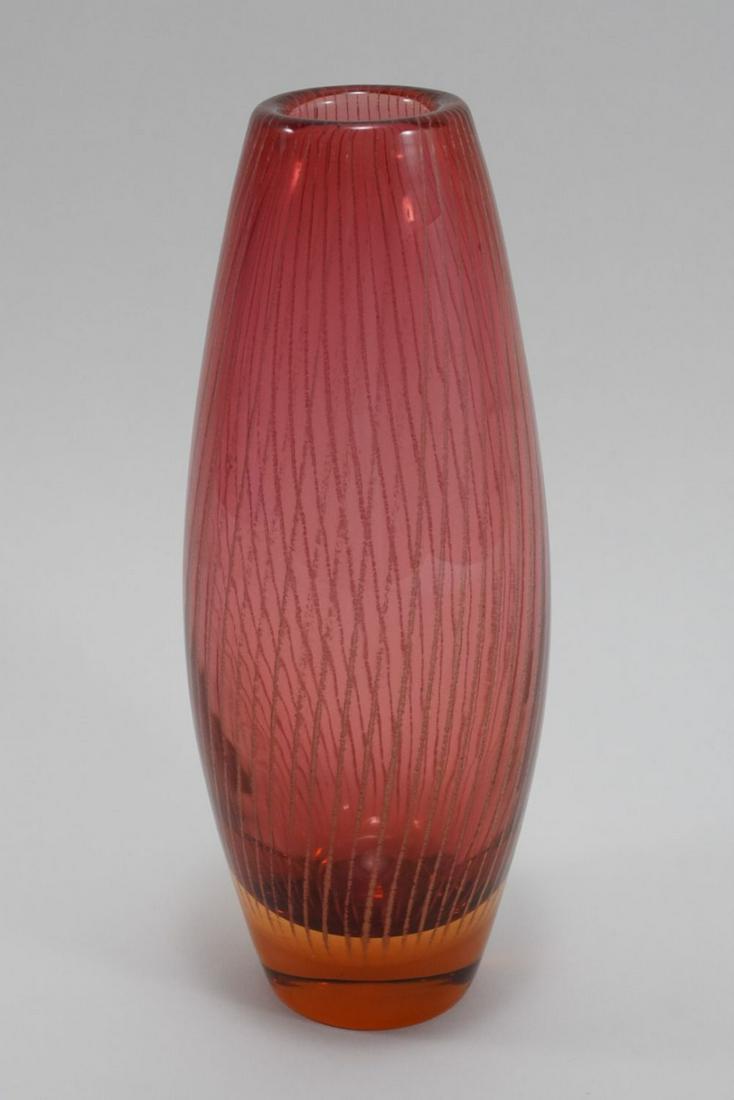 Vintage Murano / Scandinavian Art Glass Vase: Cranberry and orange/ amber glass with granular white glass internal vertical stripes. No apparent signature. Excellent condition. 10.25" H.