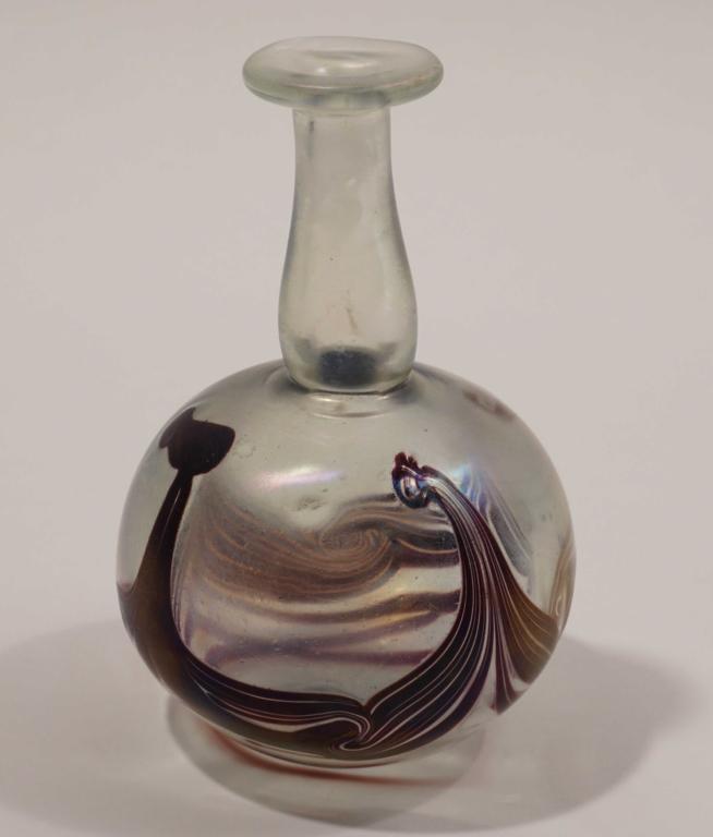 Peter Vanderlaan Art Glass Vase Pilchuck Artist: Clear bottle form vase with swirl design and all over iridescent finish. Etched signature and 9/ 73 date to bottom. Vanderlaan has worked with and been a teaching assistant for Dale Chihuly at Pilchuc