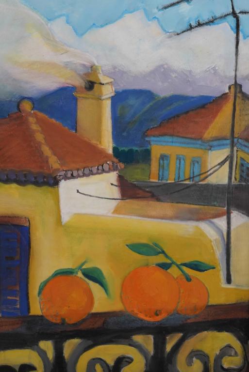 Artist Signed Gouache on Paper: "Winter on Crete". Oranges on a balcony railing with of view of Crete town buildings and distant mountains. Pencil titled to bottom margin. Signed Peterson lower right. 25.25" x 19.25" approx. unframe