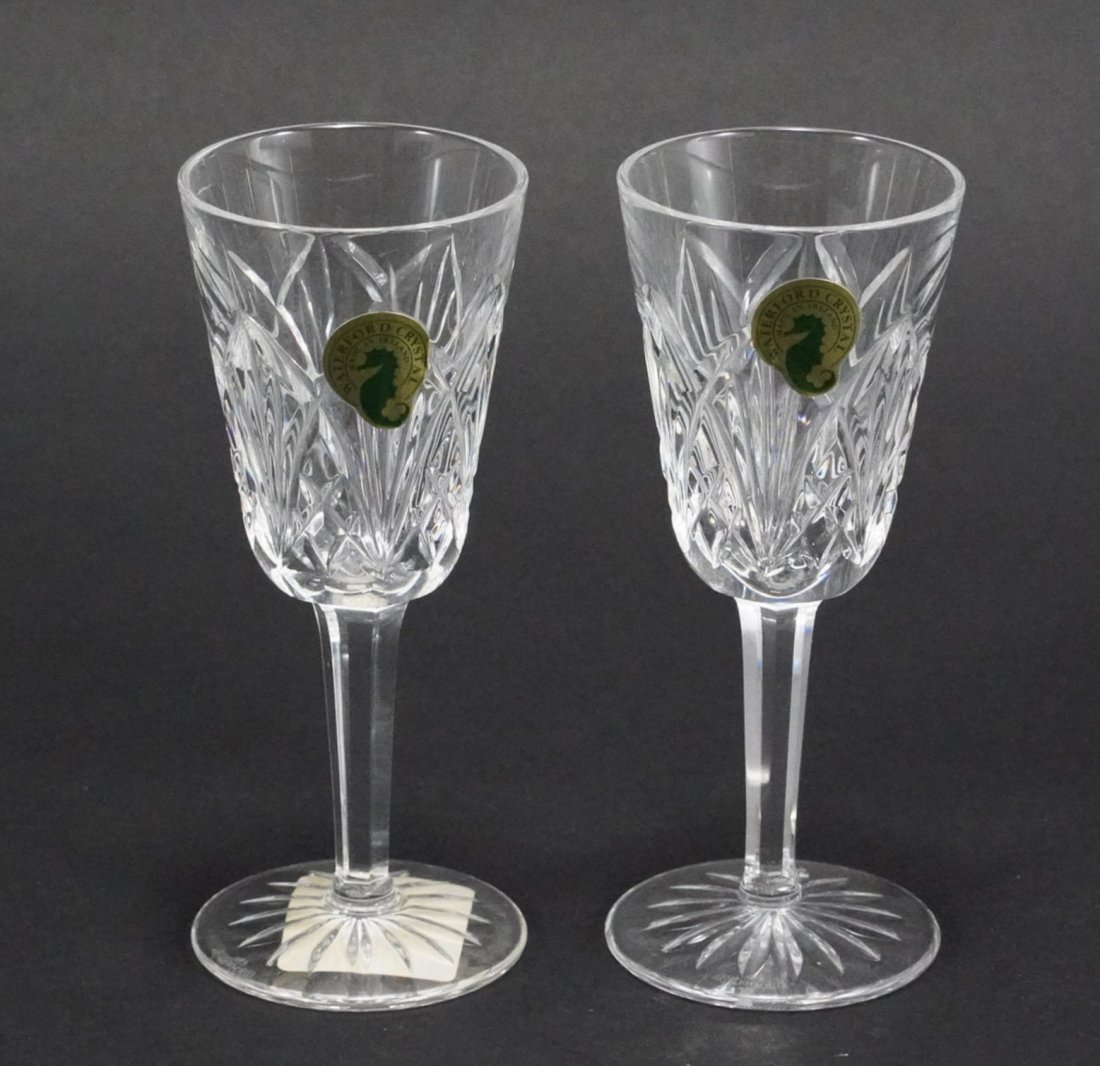 Waterford Crystal Waterville Sherry Glasses.: Pair with original Made in Ireland foil lables (one with store lable to foot. Acid etched marks. Excellent like new condition. 5 1/8" H approx.