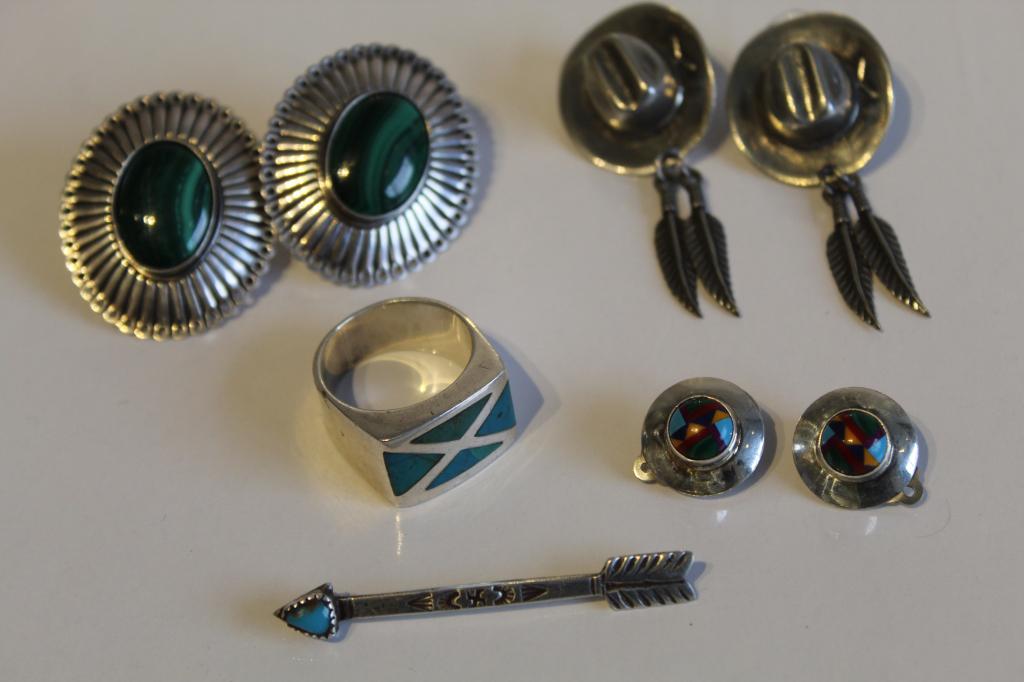 Navajo Southwest Sterling Ring Pin & Earrings: (1) Marked 925 sterling ring with inset turquoise. 9 total grams approx. (2) Unmarked sterling 2" arrow form pin with turquoise stone. 2 total grams approx. (3) Marked STERLING and malachite earrings.