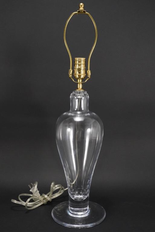 Simon Pearce Glass ADDISON Table Lamp: Hand blown glass with acid etched Simon Pearce mark to foot. Brass electrical fittings (Simon Pearce label to socket). Excellent condition; working. Glass base 16" H approx. Total height with finial 2