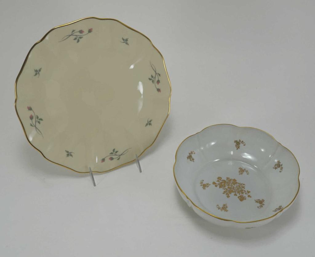 Royal Limoges Porcelain Bowl & Lenox Cake Plate: (1) Vintage Royal Limoges France white glaze scalloped porcelain bowl with gilt rose decorations. Marked to bottom. Excellent like new condition with no signs of wear or use. 2.5" H x 9" dia.. (2) Len