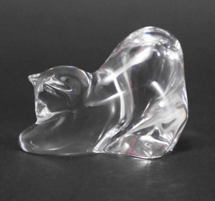 Baccarat France Glass Cat Figurine: Stretching cat figurine. Acid etched and Baccarat marks to the bottom. Excellent condition. 1 3/4" H x 2 3/8" approx.