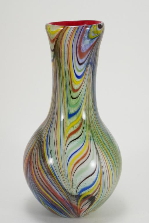 Large Murano Style Art Glass Vase: Hand blown multi colored swirl exterior with bright red interior. No apparent signature. Excellent condition. 13.25" H approx.