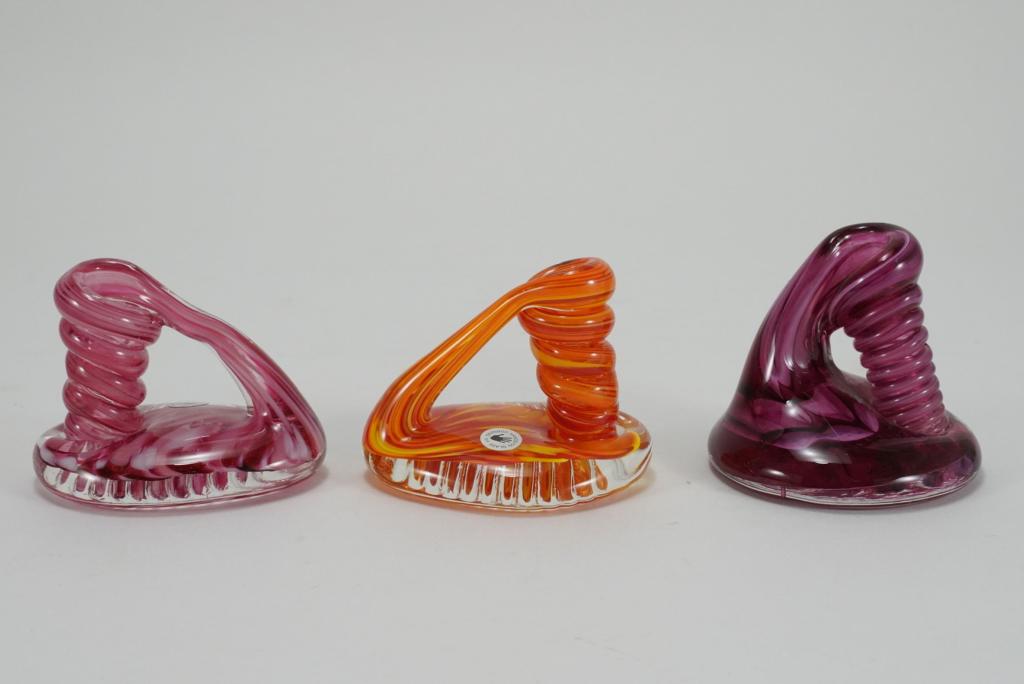 Studio Art Glass Paperweight / Pen Holders: Group of 3. Two with Hands-On Glass Studio (Corning, NY) labels. Excellent condition. 3" heights approx.
