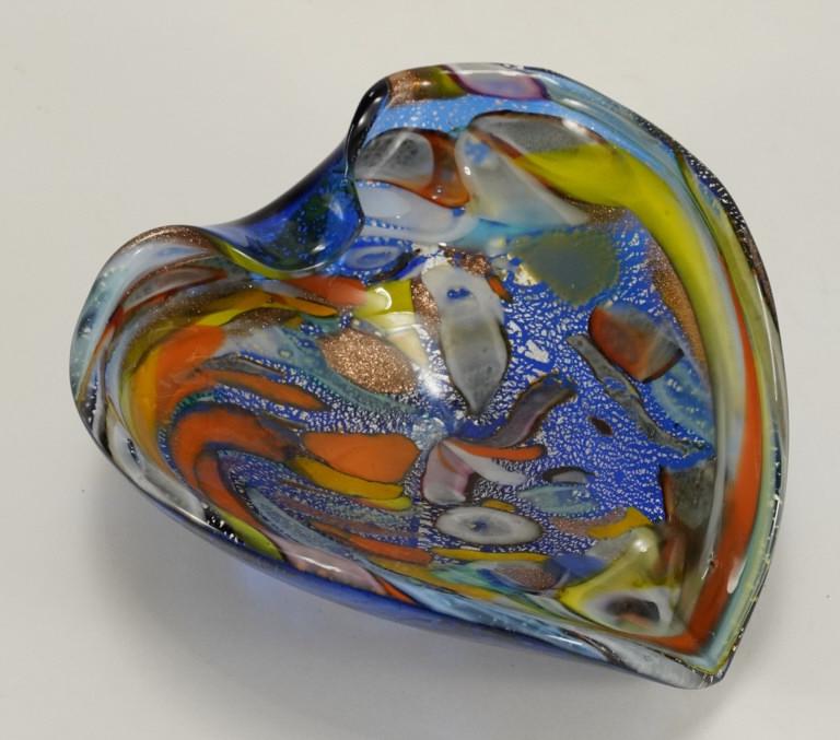 Vintage Murano Art Glass Bowl: Cobalt blue glass bowl with multi colored, silver leaf, and gold aventurine interior. No apparent signature. Excellent condition. 3" H x 8" x 7.5".