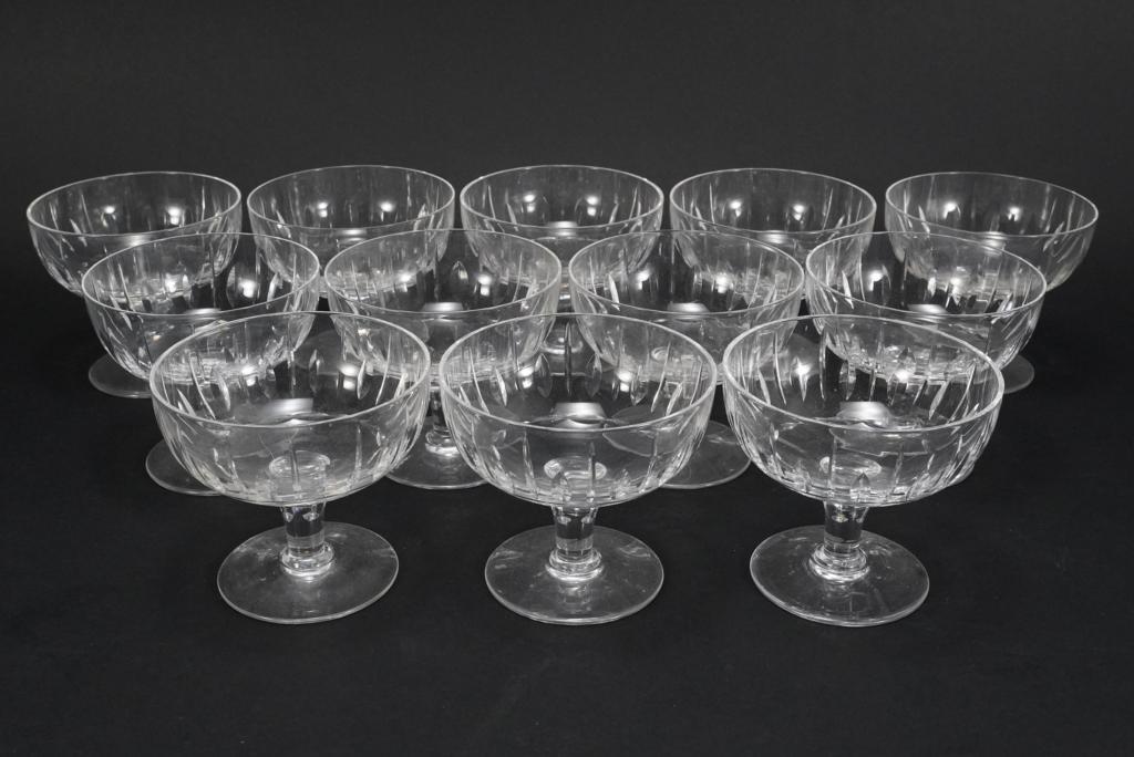 Stuart Crystal HAMPSHIRE Sherbet / Seafood Stems: Hand blown with vertical hand cut design. Acid etched Stuart England marks to bases. Excellent condition. Set of 12. 3.75" H