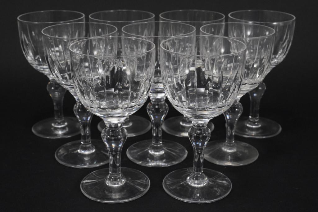 Stuart Crystal HAMPSHIRE Wine Goblets: Hand blown with vertical hand cut design. Acid etched Stuart England marks to bases. Excellent condition. Set of 9. 4.75" H