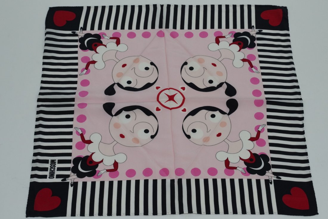 Moschino Small Silk Scarf: Olive Oyl motif. Hand rolled and stitched edges. Original Made in Italy tags. Excellent condition with no apparent snags, pulls, damage, etc. 19.75" x 19" approx.