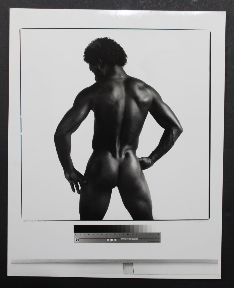 George Valentine Dureau (b. 1930) Male Nude: "Glen Thompson, Rear", 1983. Black and white photograph on gloss paper. Official Henry Art Gallery publicity photograph of Dureau's larger photograph for their exhibition "AFTER ART: RETHINKING 150 YE