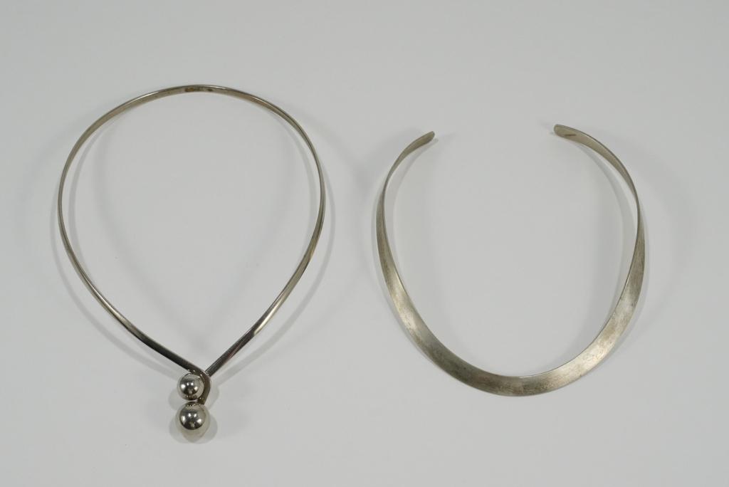Mexico Silver Plate Modernist Necklaces: (1) Handmade choker style necklace with front double ball clip. Unmarked. 6 7/8" x 4 1/2" W approx. (2) Hand made choker style necklace with open back. Marked MEXICO. 5 1/8" x 4 1/2" W approx.